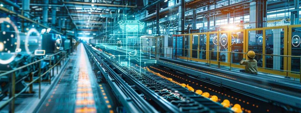 a sleek, high-tech manufacturing facility buzzes with activity as an advanced ai inspection system seamlessly analyzes a conveyor belt of products, showcasing luminous screens displaying real-time defect detection metrics in a vibrant, industrial setting.