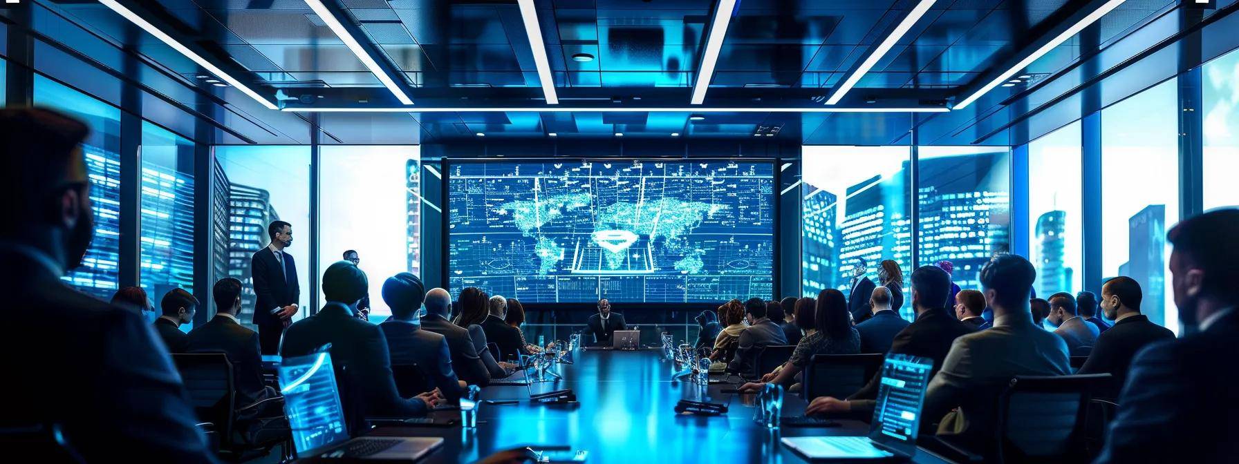 a sleek, modern conference room filled with engaged professionals gathered around a large digital screen displaying a detailed ai opportunity blueprint, illuminated by soft overhead lighting that emphasizes their focused expressions.