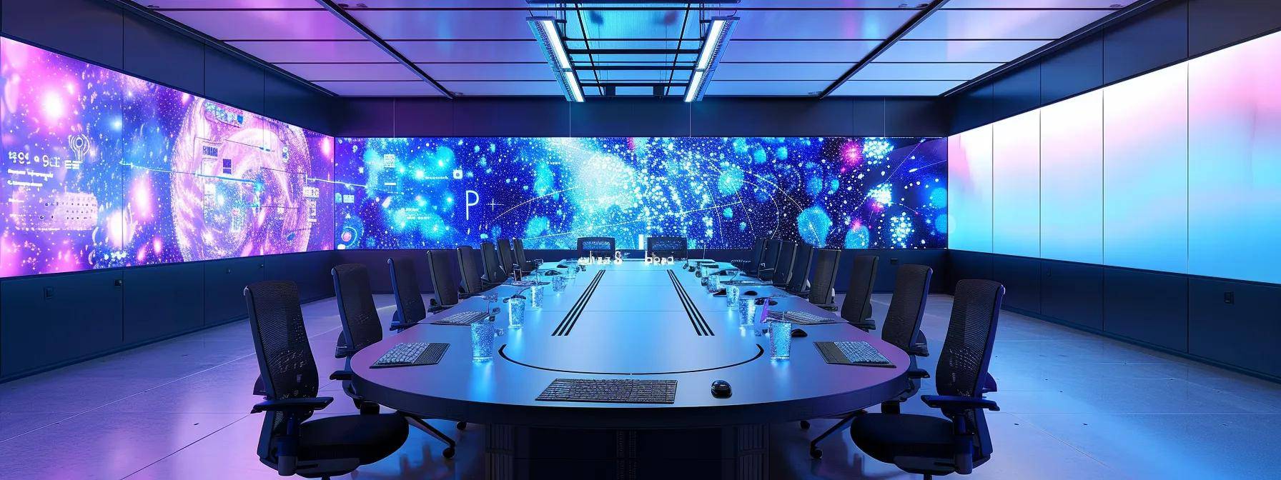 a sleek, modern conference room filled with vibrant digital screens displays an interactive ai roadmap, as a diverse team engages in animated discussion, embodying the journey from confusion to clarity in embracing ai opportunities.