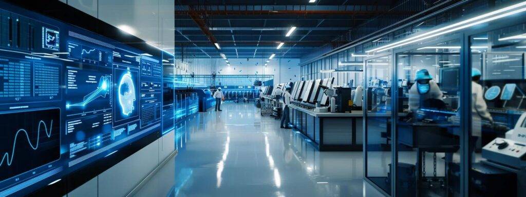 a sleek, modern manufacturing facility interior showcases advanced ai technology in action, with digital screens displaying real-time production metrics and automated machinery seamlessly operating, reflecting significant improvements in efficiency and productivity.