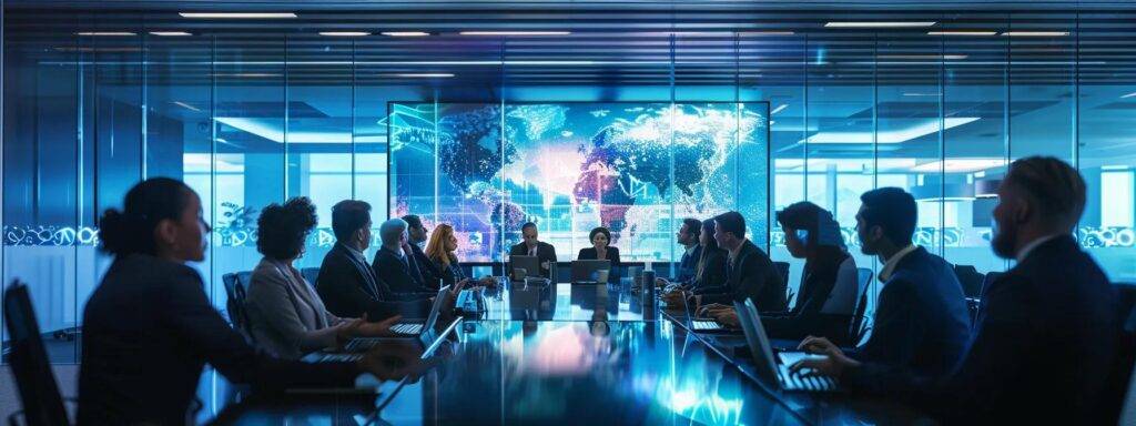 a sleek, modern office conference room is filled with diverse professionals engaged in a strategic discussion around an expansive digital display, highlighting the importance of a comprehensive ai opportunity blueprint to ensure successful implementation and risk management.