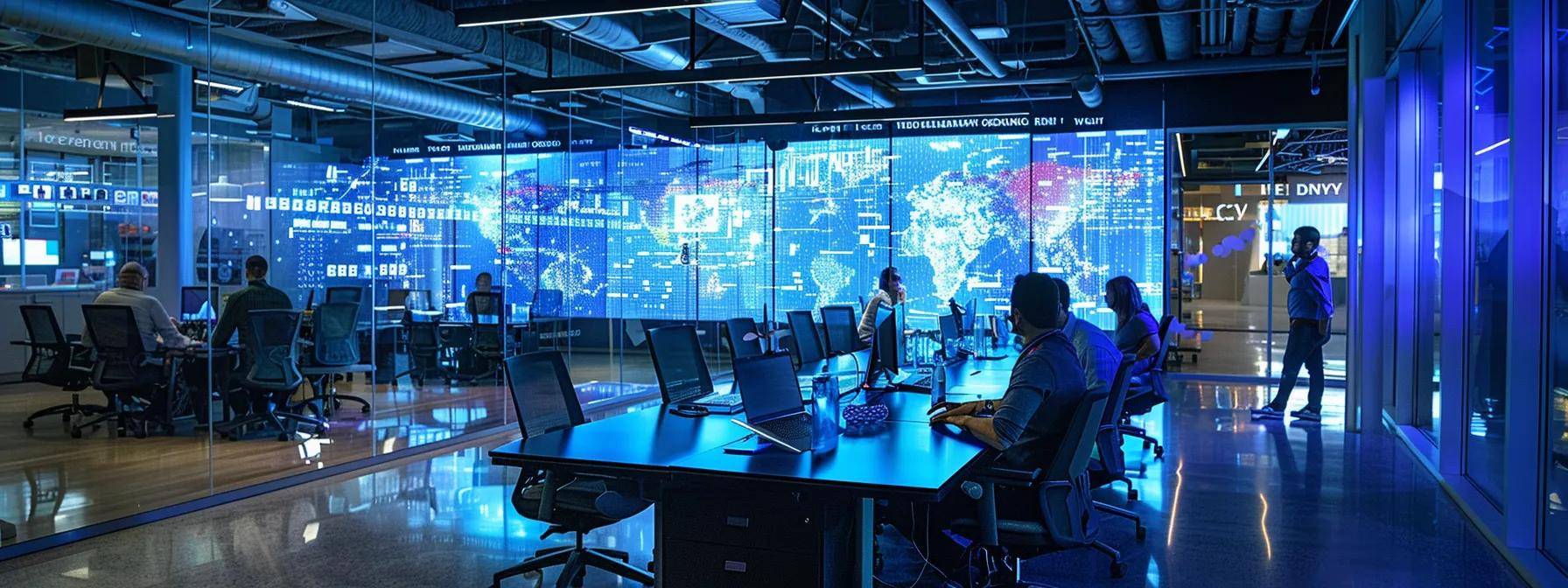 a sleek, modern office conference room buzzes with energy as a diverse team engages in a dynamic brainstorming session, surrounded by digital screens displaying an intricate ai opportunity blueprint that highlights pathways to competitive advantage.