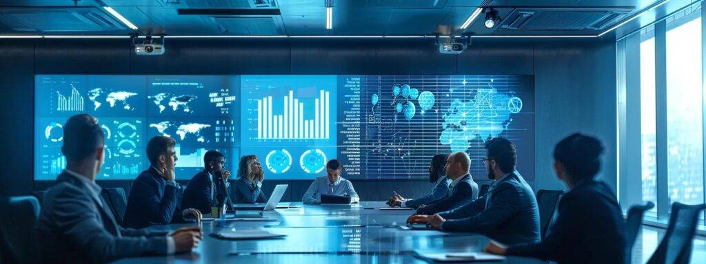 a sleek, modern office conference room features a large digital screen displaying vibrant data visualizations, with a diverse team engaged in an intense discussion, embodying the critical role of data-driven decision-making in identifying ai opportunities.