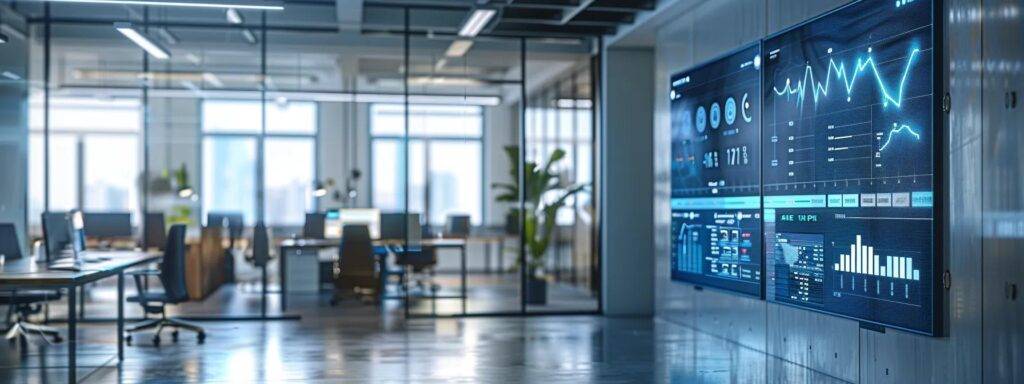 a sleek, modern office environment features a prominently displayed digital dashboard illustrating an ai opportunity blueprint with vibrant data visualizations, capturing the essence of measurable roi and competitive advantage in business operations.