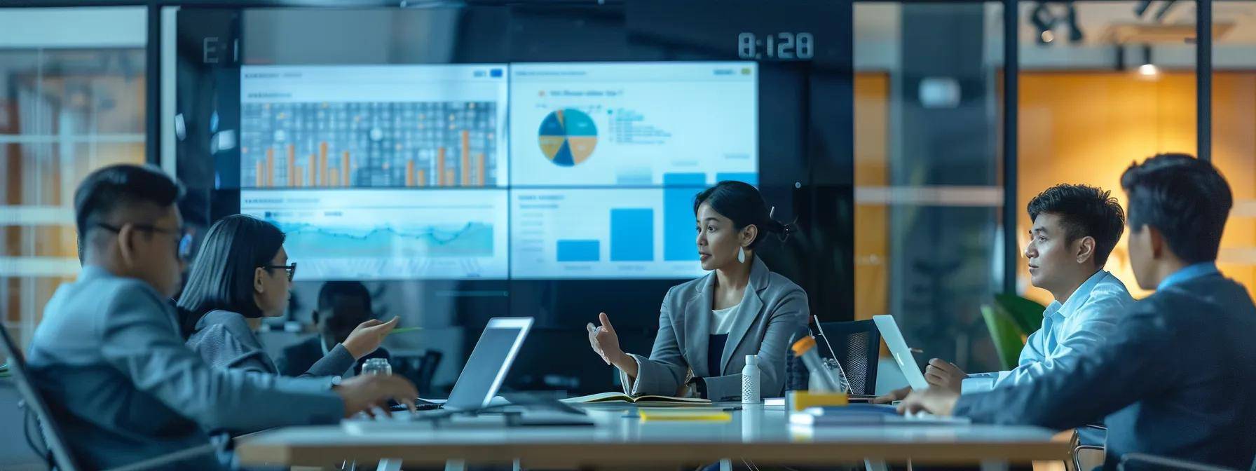 a sleek, modern office environment showcases a collaborative meeting, with diverse professionals engaged in a vibrant discussion around a digital presentation that illustrates the successful transformation of slow ai adoption into a streamlined 90-day win, reflecting determination and innovation.