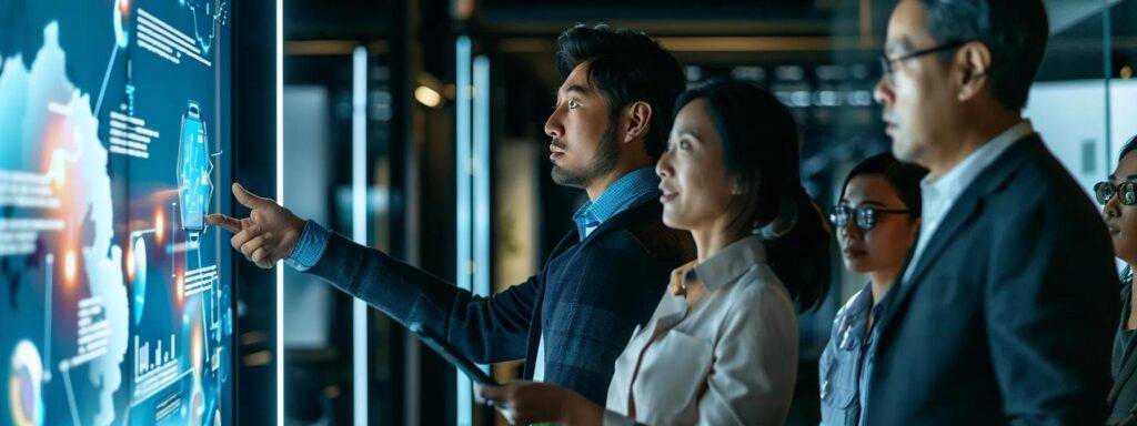 a sleek, modern office environment features diverse professionals engaged in a collaborative discussion over an interactive digital ai opportunity blueprint displayed on a large screen, emphasizing strategic planning and innovation in business.