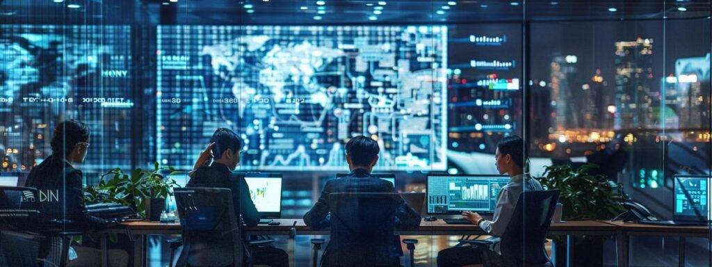 a sleek, modern office environment showcases a diverse team of professionals immersed in a collaborative discussion, surrounded by digital screens displaying data analytics and ai use case frameworks, emphasizing the strategic integration of ai into business operations.