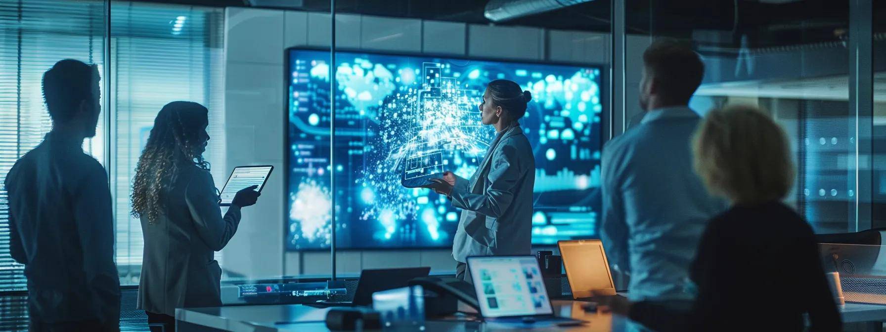 a sleek, modern office equipped with cutting-edge technology showcases a diverse team engaging in a dynamic brainstorming session around a digital ai blueprint displayed on a high-resolution screen, symbolizing rapid ai implementation in business.