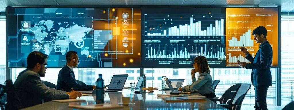 a sleek, modern office filled with dynamic data visualizations and interactive digital displays, showcasing a group of diverse professionals collaboratively brainstorming innovative ai strategies to drive startup competitiveness in a fast-paced, tech-driven environment.