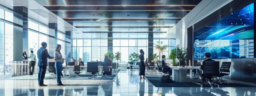 a sleek, modern office filled with diverse professionals collaborating around a central digital display, showcasing vibrant industry-specific ai blueprints that illustrate tailored solutions for sectors like healthcare, retail, and finance.