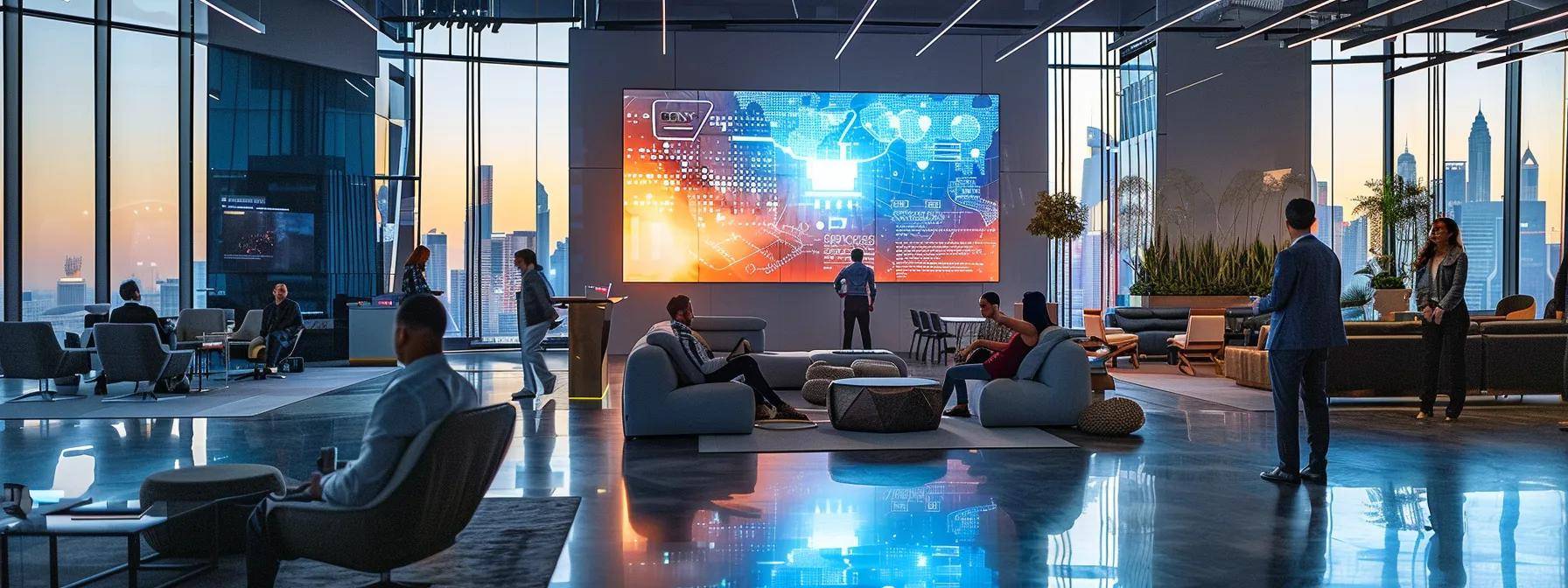 a sleek, modern office filled with futuristic technology, where a diverse group of professionals passionately discusses a digital blueprint on a large screen, emphasizing the urgency of seizing ai opportunities.