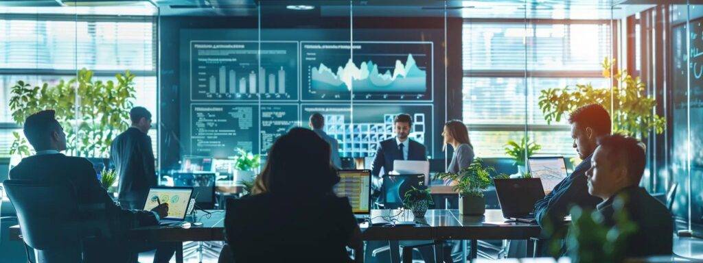 a sleek, modern office space bustling with a diverse team of startup professionals engaged in an intense brainstorming session, surrounded by digital screens displaying data analytics and ai opportunity frameworks, emphasizing the collaborative journey of embarking on artificial intelligence projects.