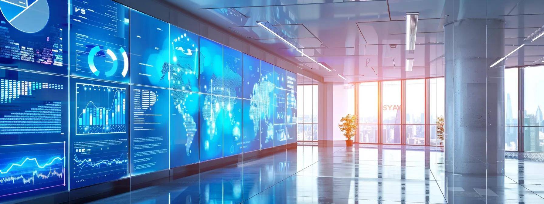 a sleek, modern office space showcases a panoramic digital display filled with vibrant graphs and ai infographics, symbolizing the strategic planning necessary for companies embarking on digital transformation through ai opportunity blueprints.
