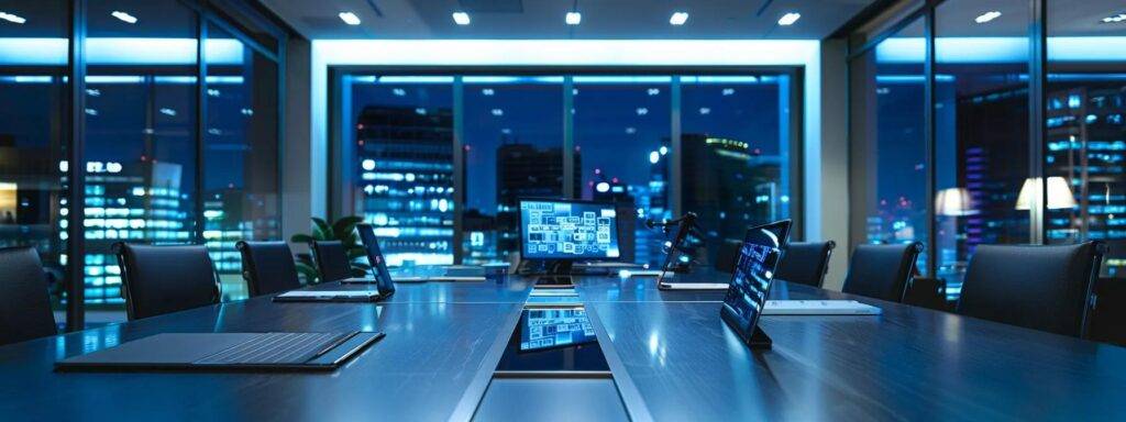 a sophisticated office environment featuring a sleek conference table adorned with digital tablets displaying strategic ai opportunity blueprints, illuminated by focused overhead lighting to highlight the innovative concepts and data-driven discussions taking place.
