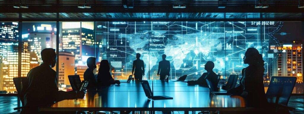 a stark, modern office environment showcases a group of professionals gathered around a sleek conference table, intently analyzing a large digital roadmap projection that highlights the strategic complexities and risks of ai integration, illuminated by focused overhead lighting.
