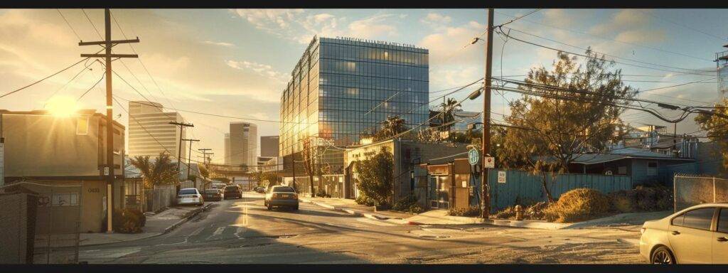 a stark urban setting showcases a divided community, with a sleek, modern office building representing advanced ai technology juxtaposed against an outdated, struggling neighborhood, emphasizing the disparity in access and benefits from artificial intelligence.