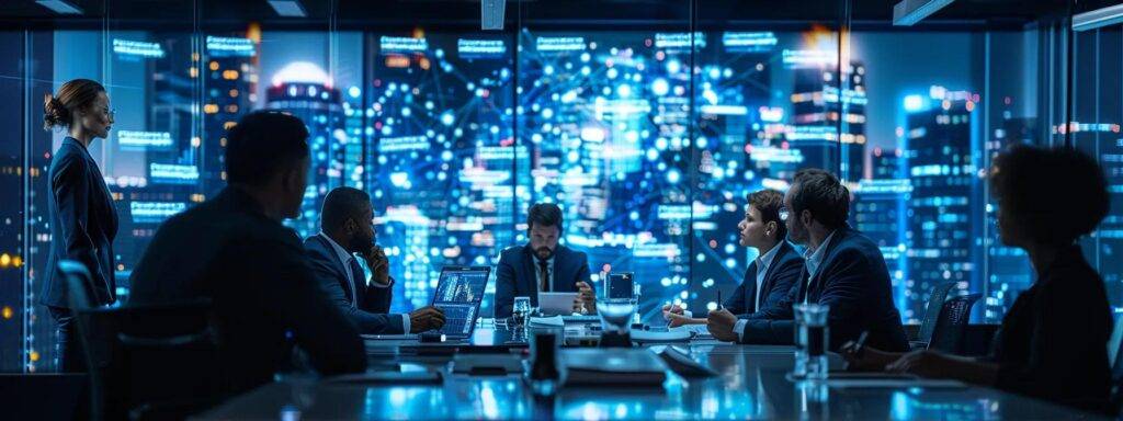 a vibrant office environment showcases diverse professionals collaborating around a sleek conference table, with digital screens displaying data-driven ai blueprints, underscoring the adaptive benefits of ai across multiple industries.