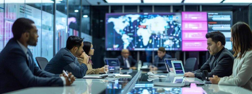 a vibrant office environment showcases a diverse team engaged in a dynamic brainstorming session around a sleek conference table, with digital screens displaying ai implementation strategies and project management flowcharts in the background.