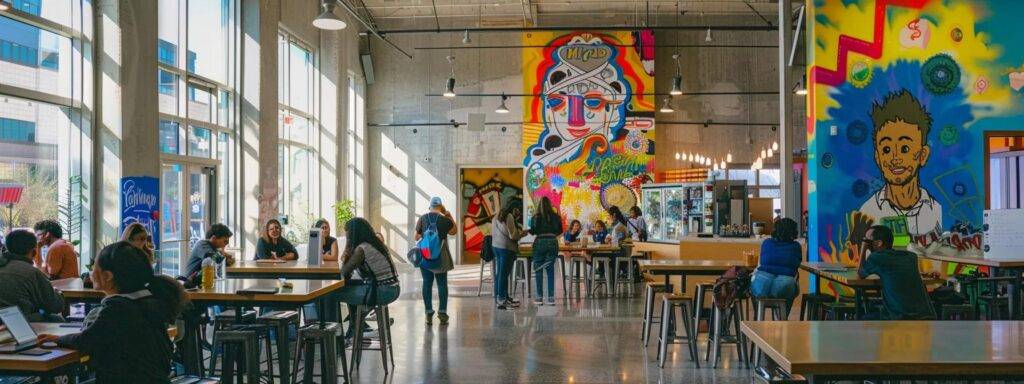 a vibrant urban community center bustling with diverse groups engaged in hands-on tech workshops, surrounded by colorful murals that celebrate innovation and inclusivity, embodying a spirit of empowerment to bridge the ai disparity gap.