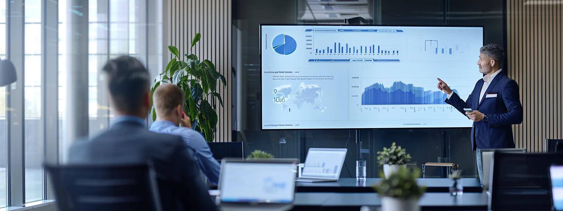 a dynamic office meeting room filled with sleek technology showcases a finance vp enthusiastically engaging with a state-of-the-art ai presentation on a large screen, capturing the pivotal moment of transformation from skepticism to advocacy.