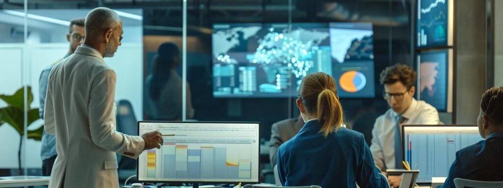 a modern office environment showcases a diverse team of finance professionals engaged in a dynamic brainstorming session, surrounded by advanced technology tools and digital dashboards that reflect their strategic agility and collaborative spirit in adopting ai innovations.