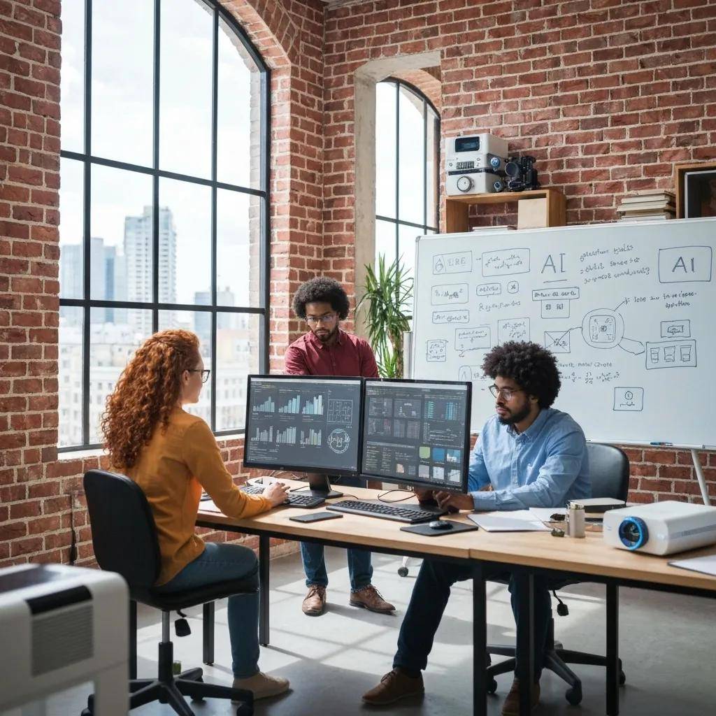 Futuristic workspace with professionals collaborating on AI technology