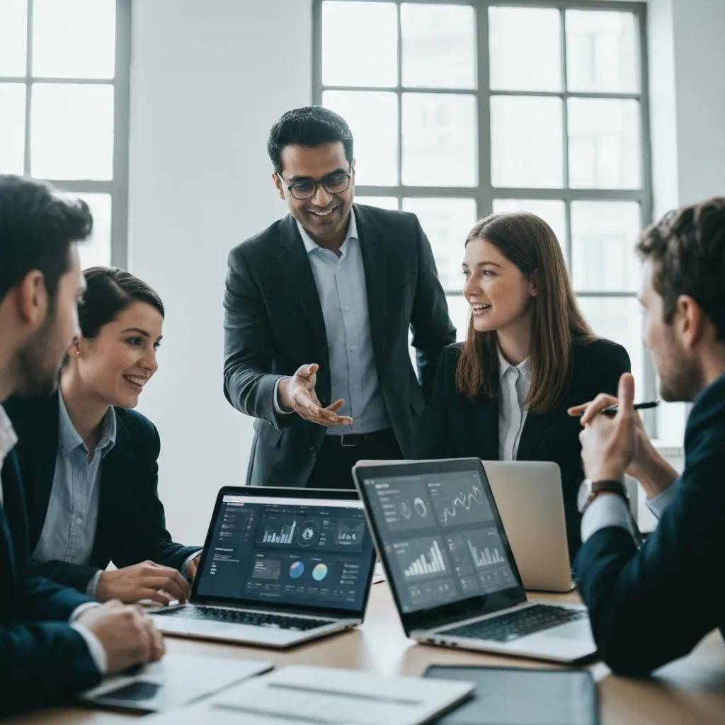 Business leaders collaborating on AI strategies in a modern office environment