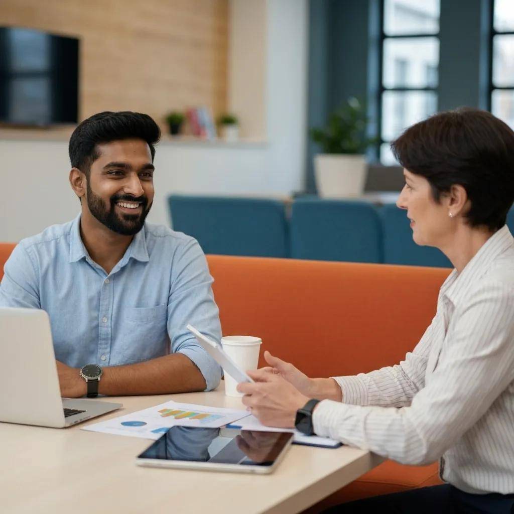 Small business owner consulting with an AI governance expert