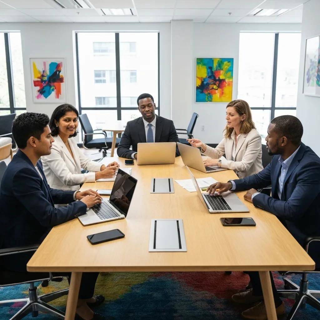 Business leaders collaborating on AI adoption strategies in a modern office