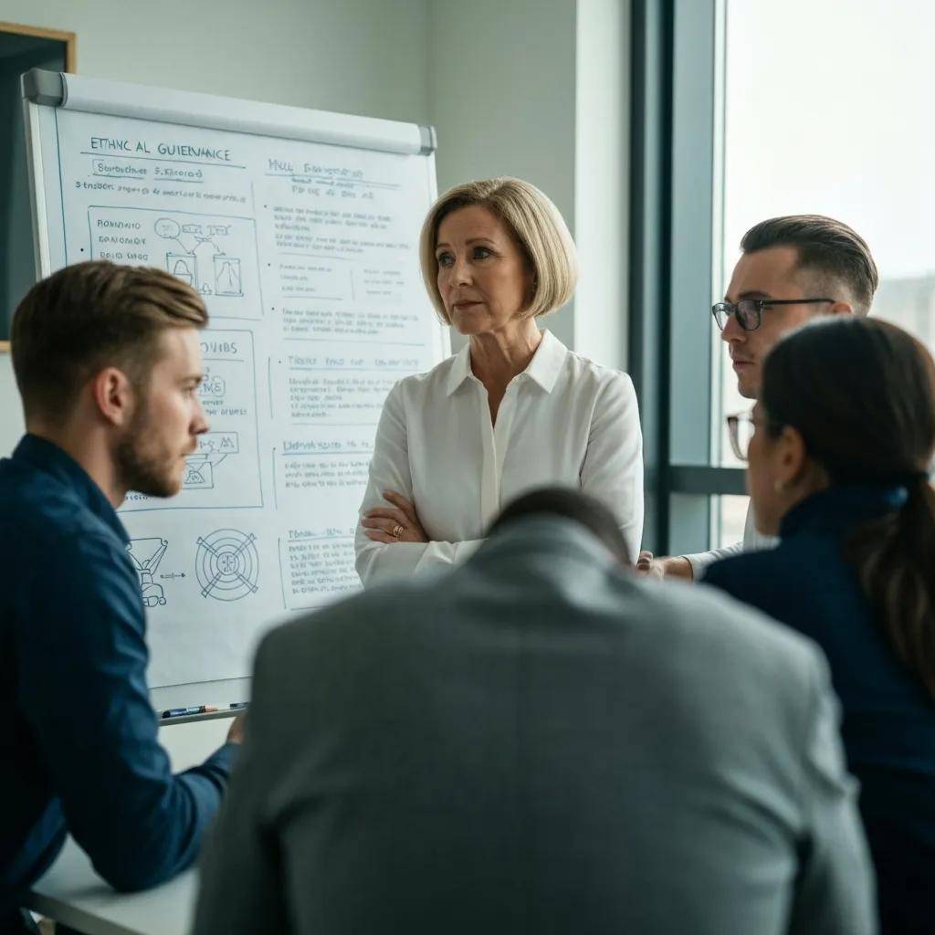 Business leader discussing ethical AI governance with a team in a conference room