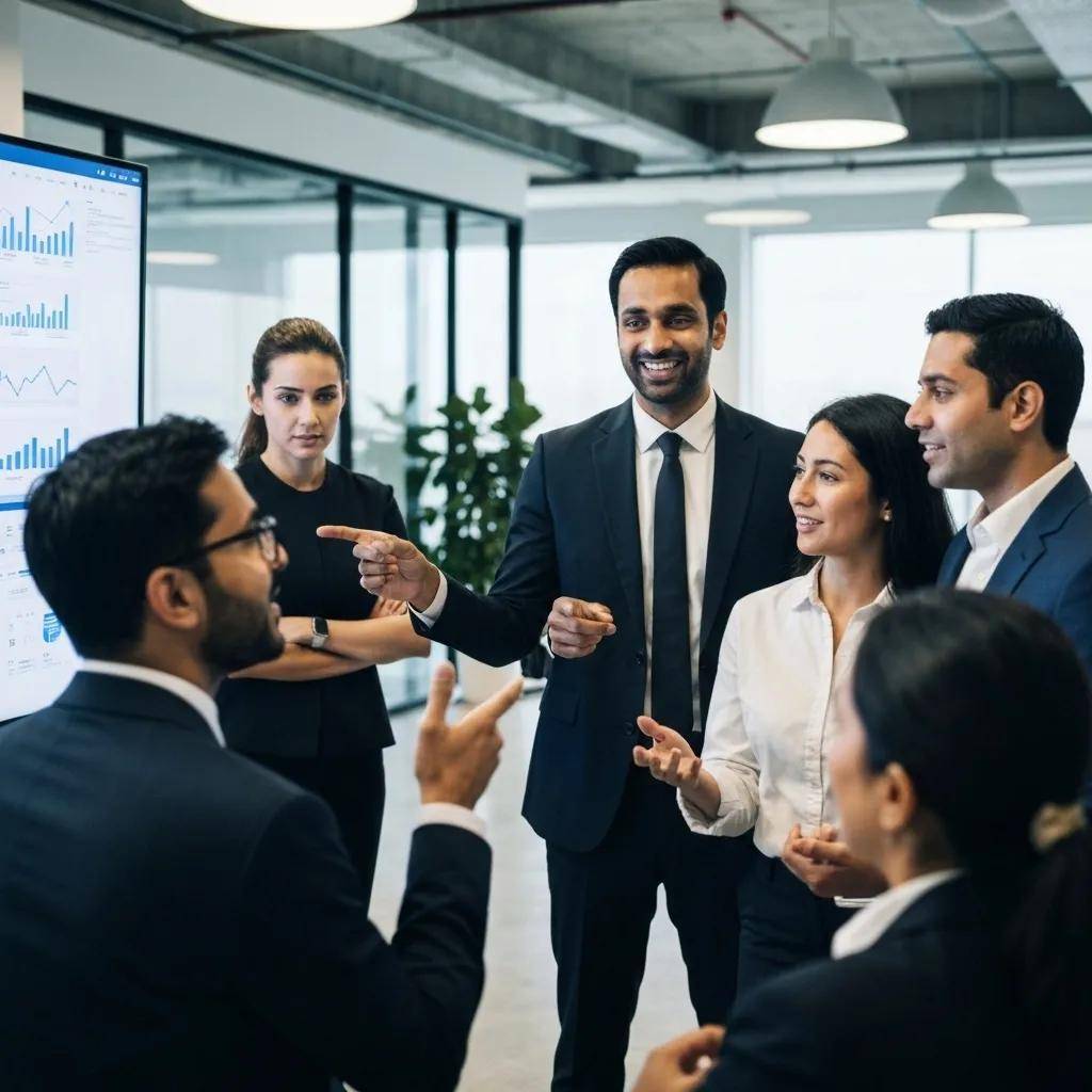 Business leaders collaborating over AI-driven insights in a modern office