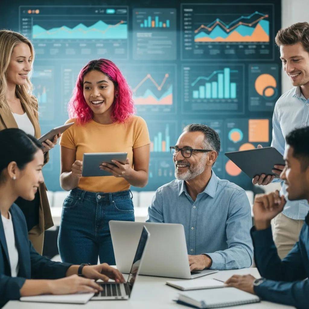 Marketing team collaborating with AI tools, showcasing data analysis and innovation