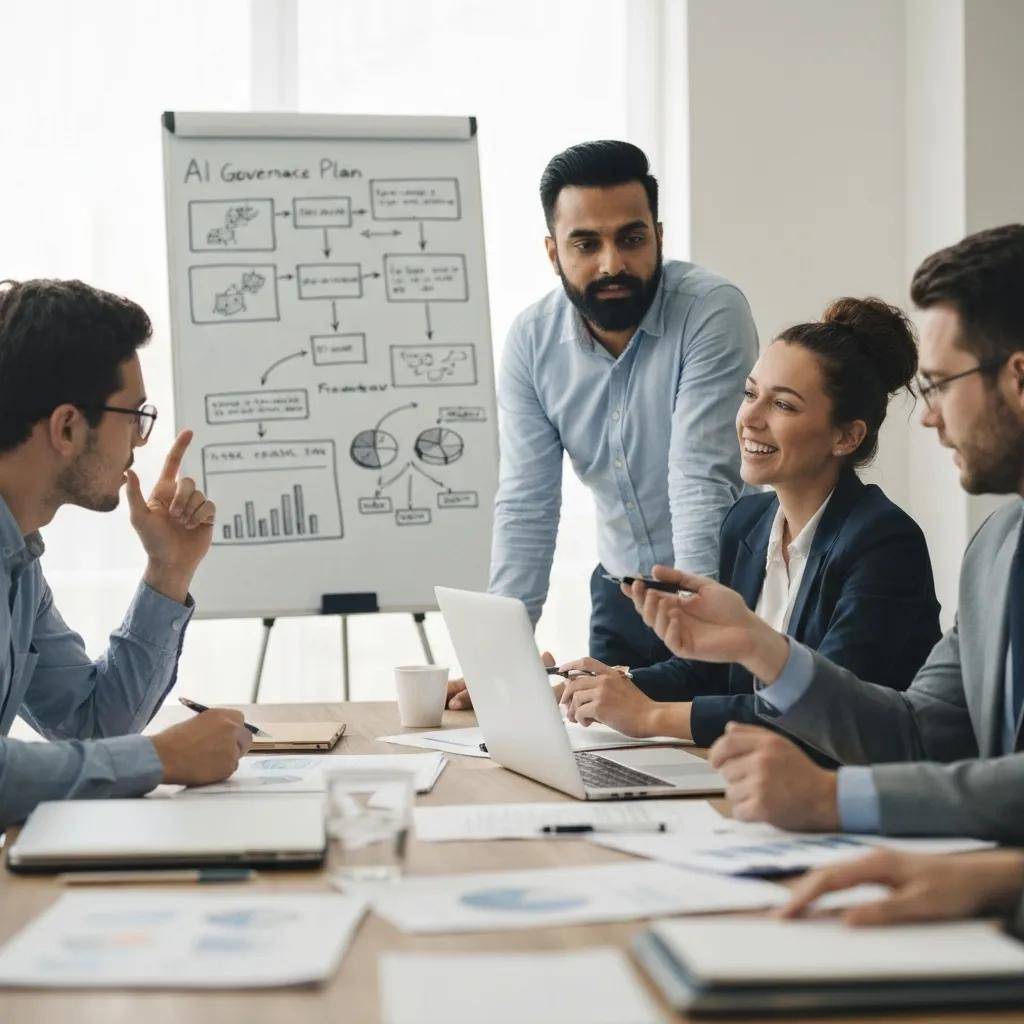 Small business team discussing AI governance strategies in a meeting