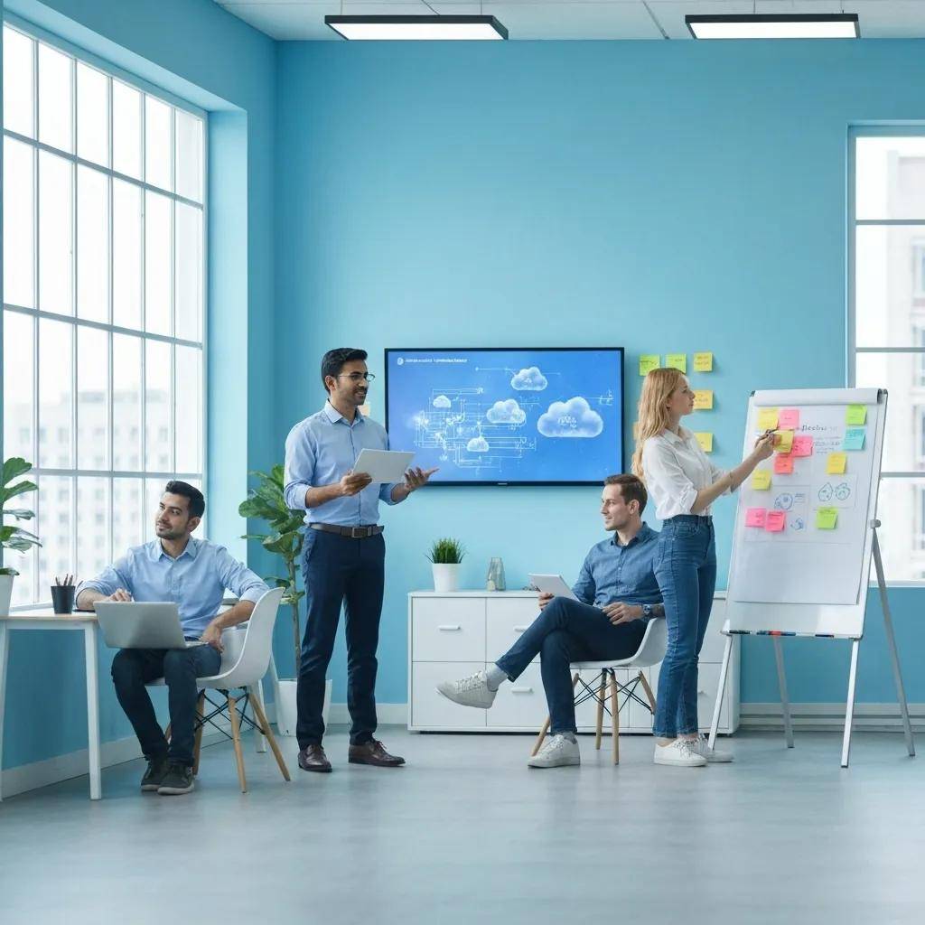 Small business team discussing cloud AI solutions in an office