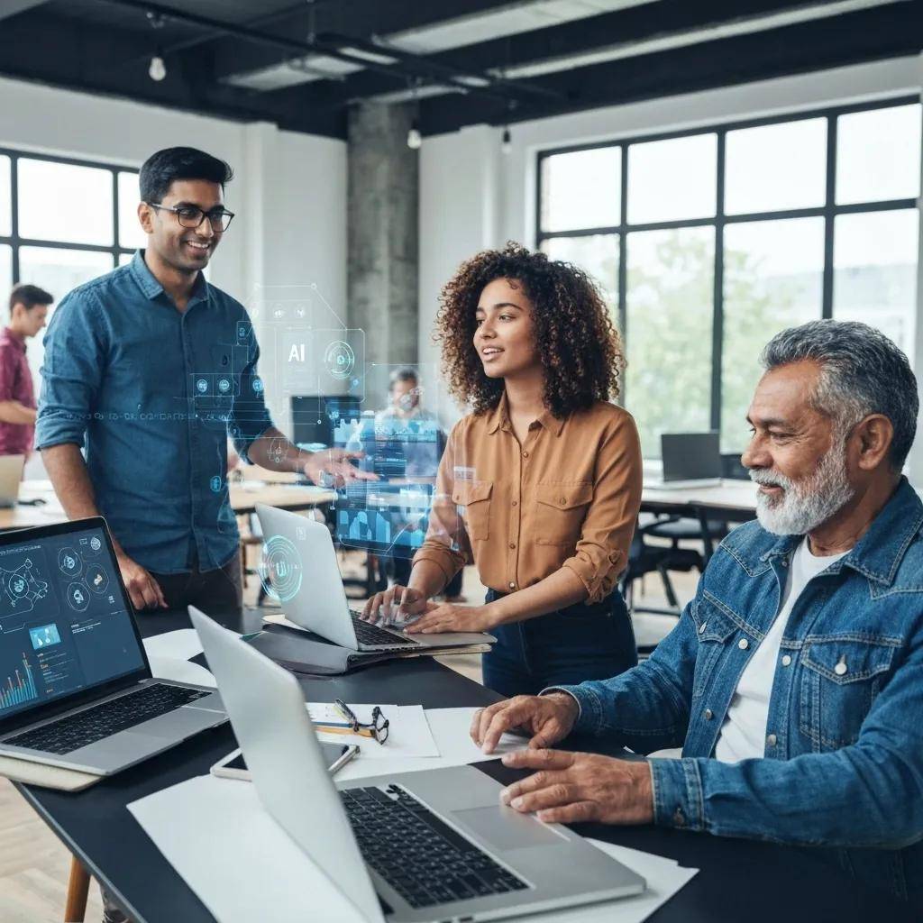 Diverse small business owners collaborating with AI technology in a modern workspace