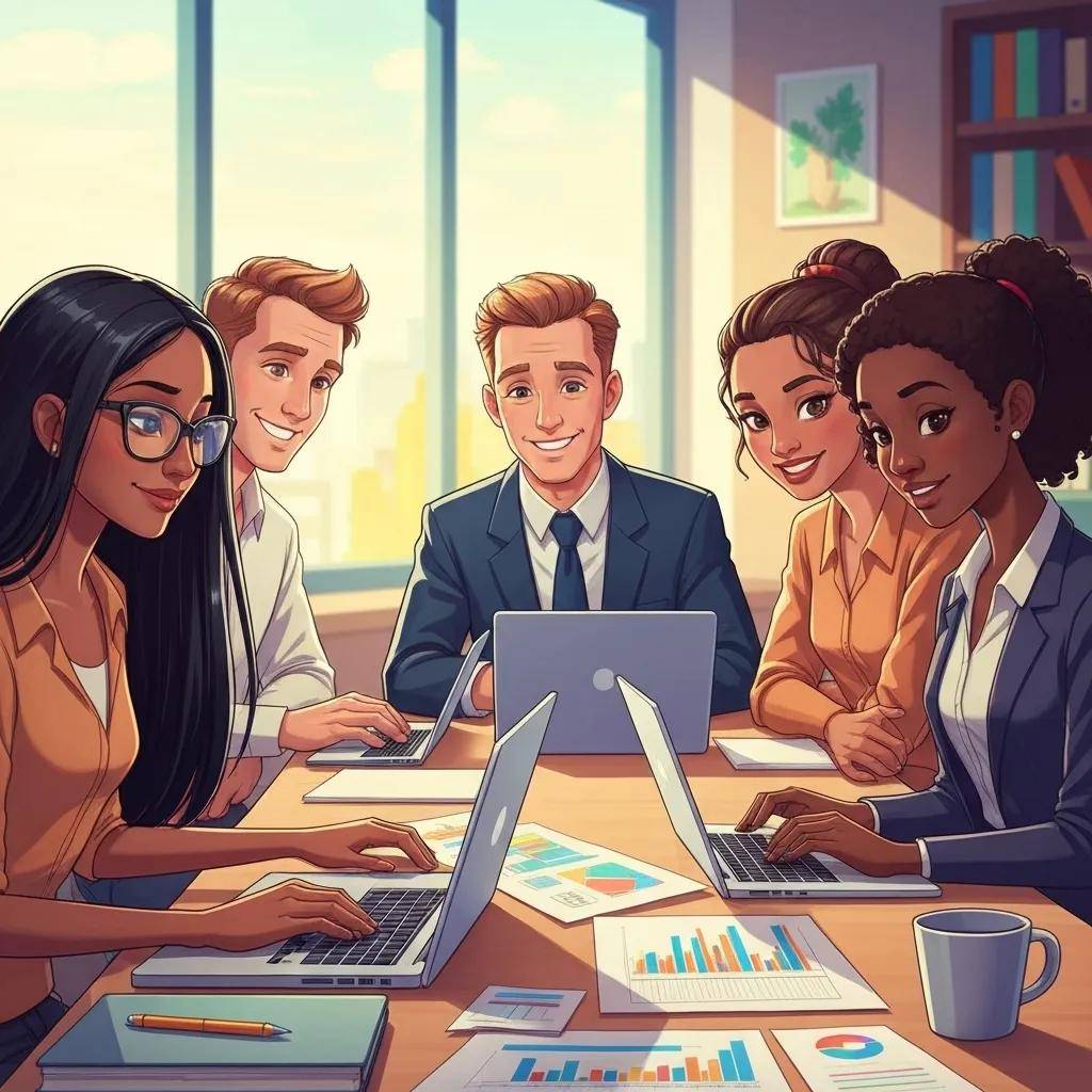 Business professionals collaborating on AI-driven corporate strategy in a modern office setting