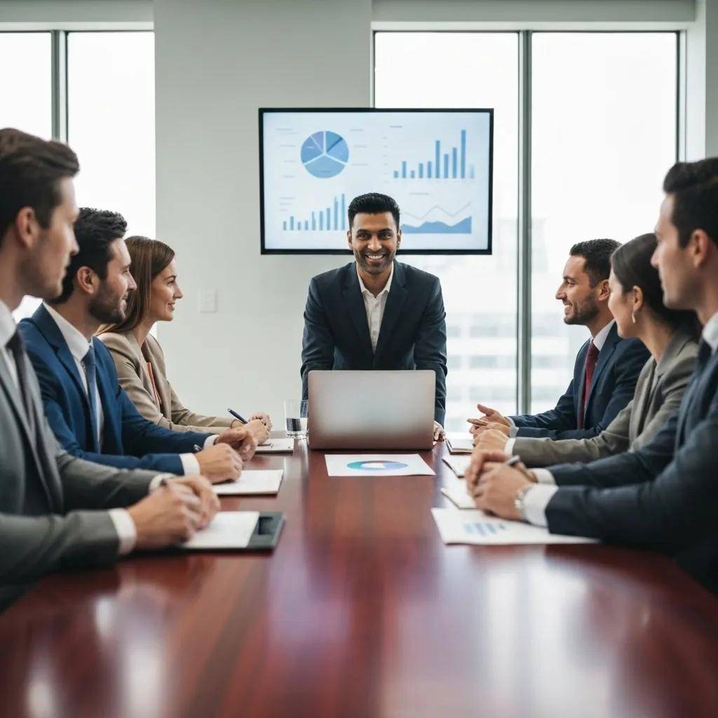 An executive analyzing AI data in a high-tech conference room