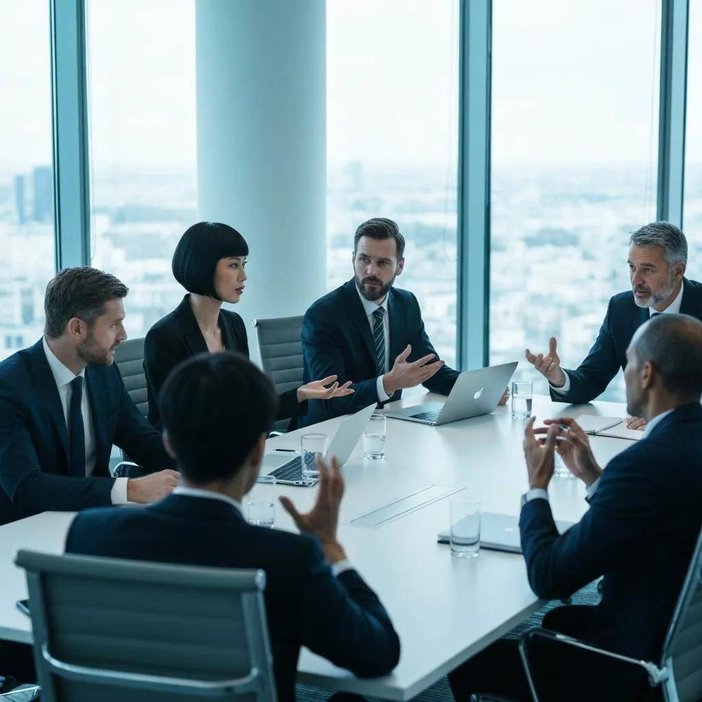 Executives collaborating on AI strategies in a modern office environment