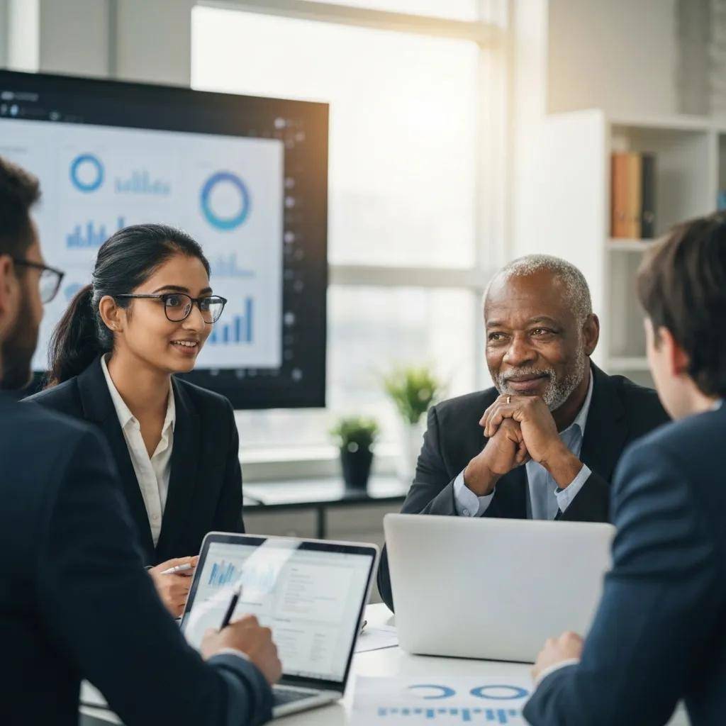 Business leaders collaborating on AI governance strategies in a modern office