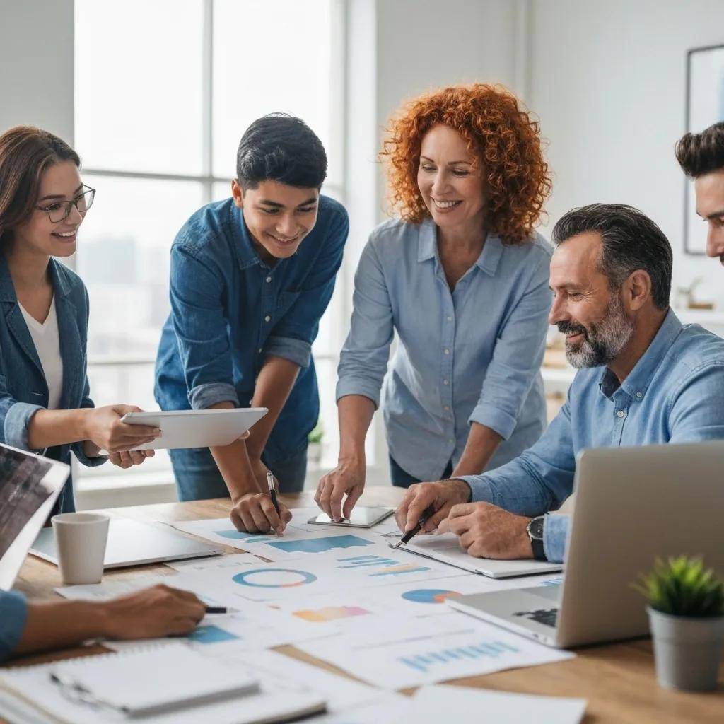 Business leaders collaborating on AI adoption strategies in a modern office setting