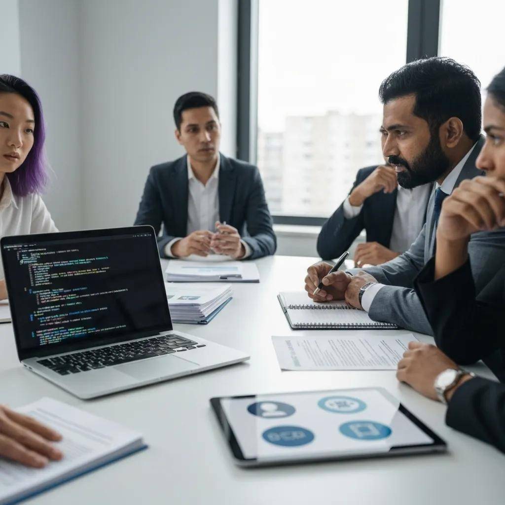 Professionals discussing ethical AI governance in a modern workspace