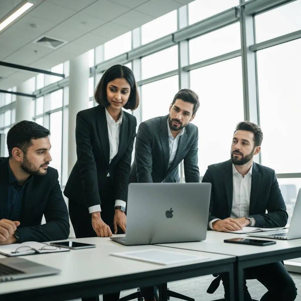 Executives collaborating on AI strategies in a modern office setting