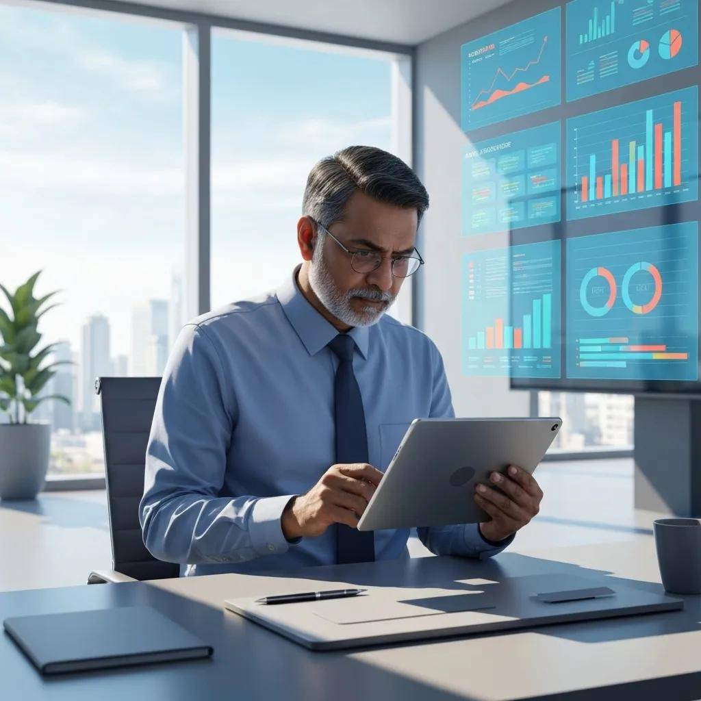 Executive reviewing AI-generated reports in a modern office setting