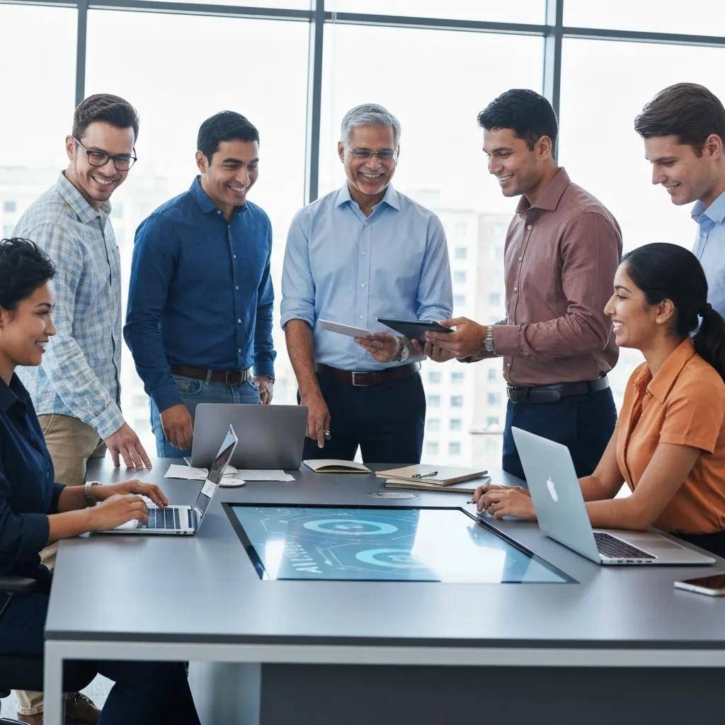 Diverse marketers collaborating on AI marketing insights in a modern office