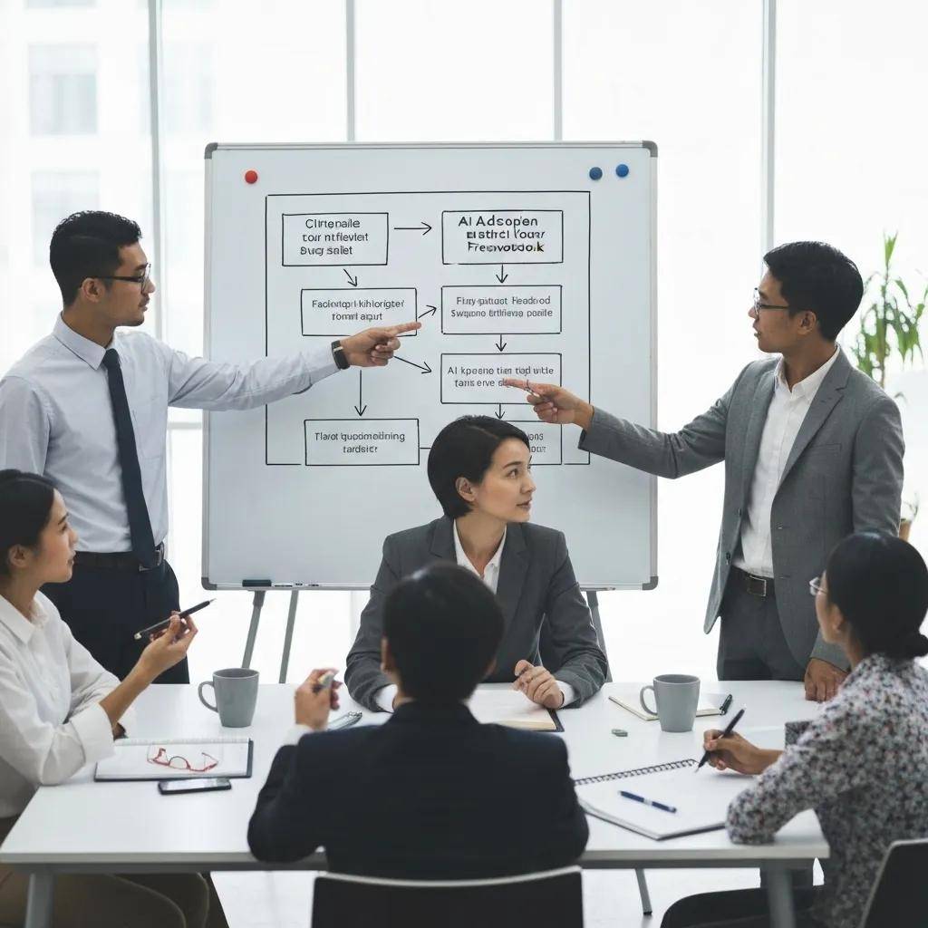 Small business team discussing an effective AI adoption framework with a flowchart