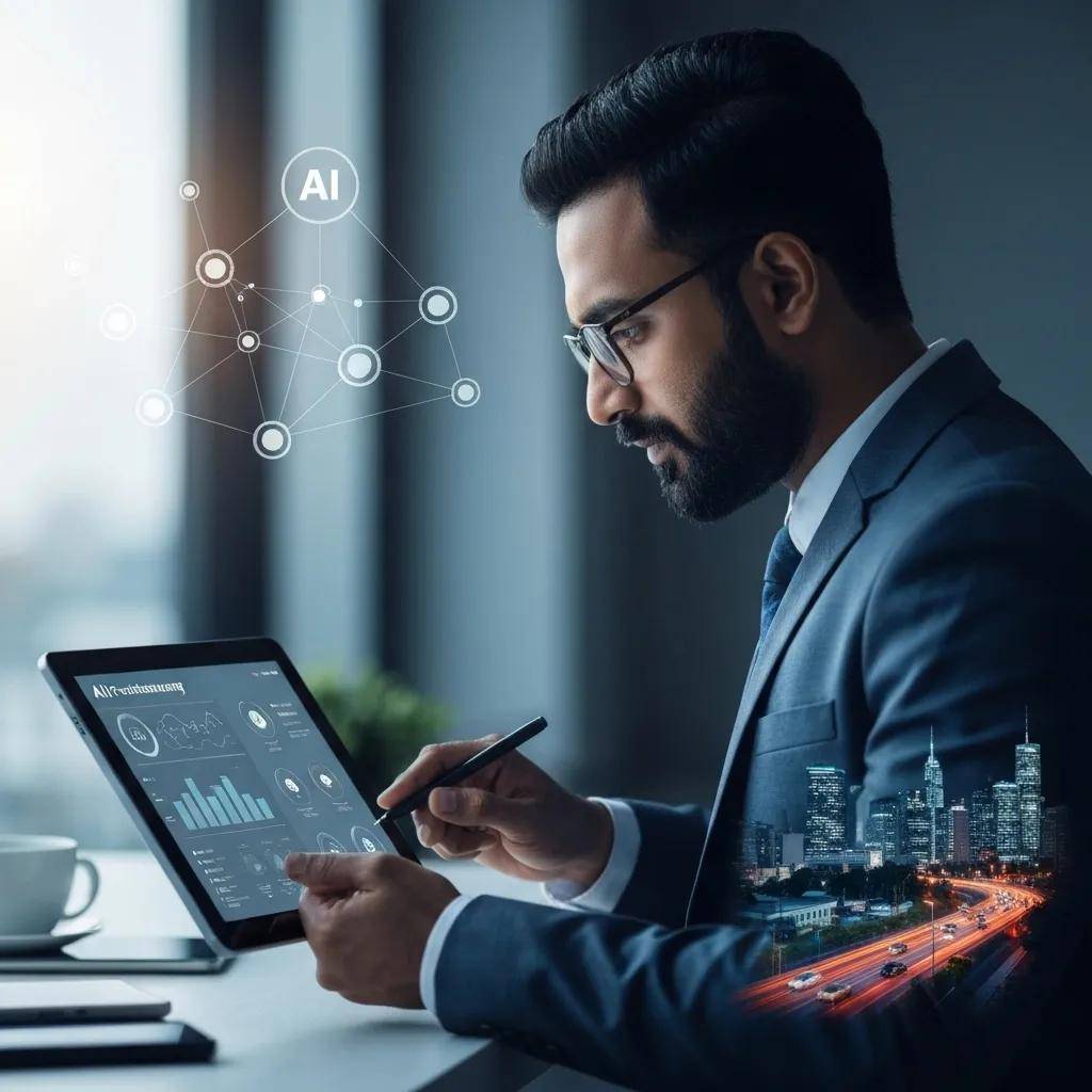 Business professional analyzing AI benefits for corporate planning with digital data visuals