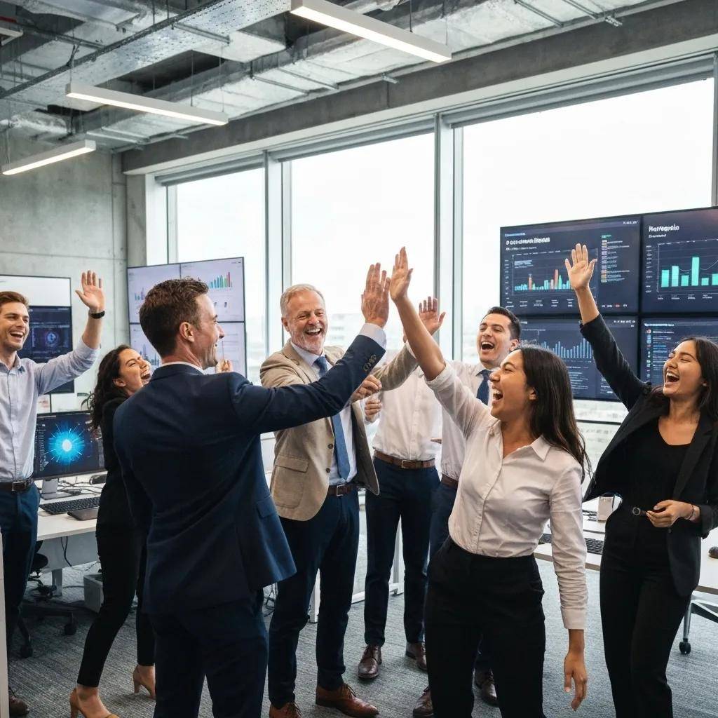 Business team celebrating successful AI project implementation