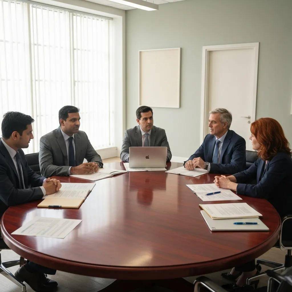 Executives discussing AI governance and ethical principles in a corporate meeting