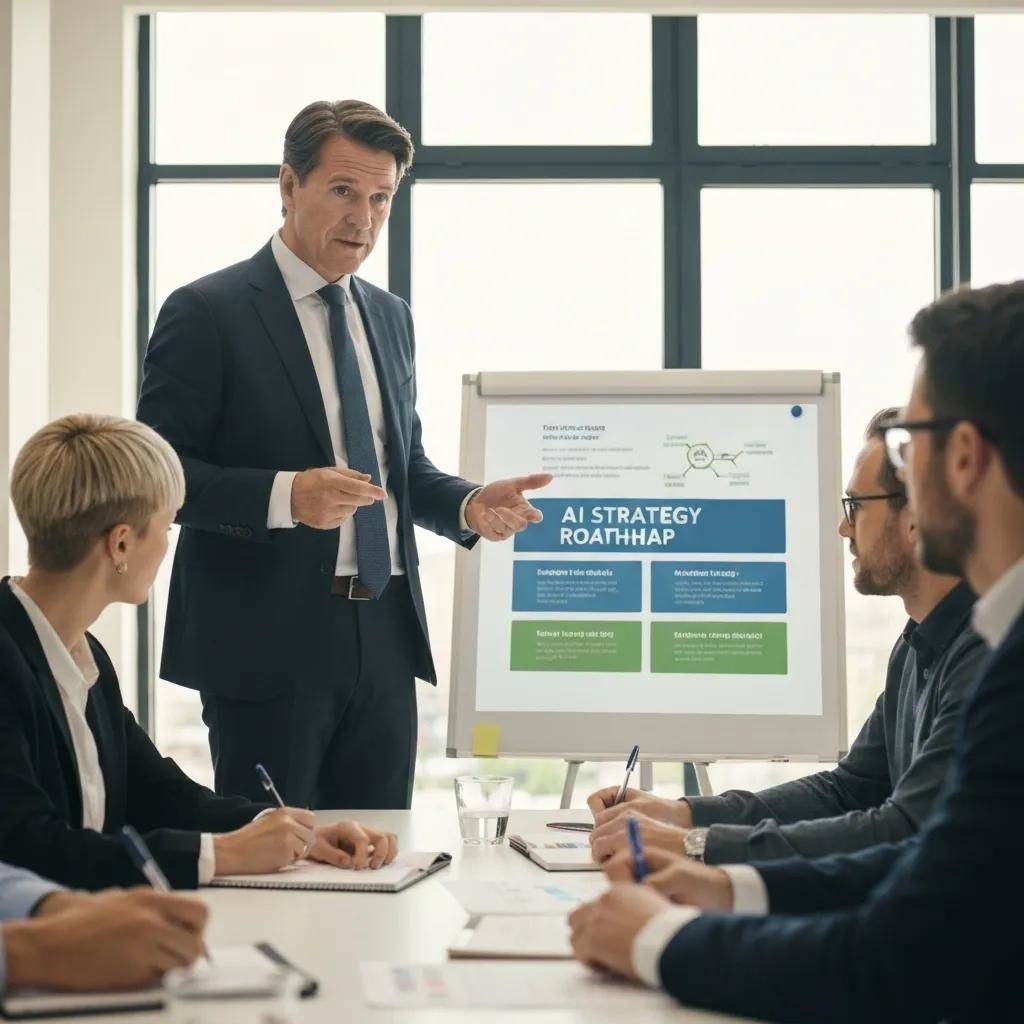 Business leader presenting an AI strategy roadmap to a team