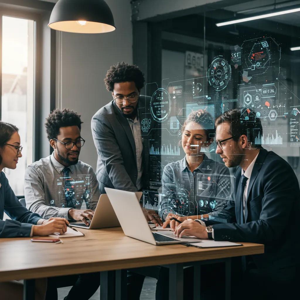 Diverse consultants collaborating on AI technology in a modern office
